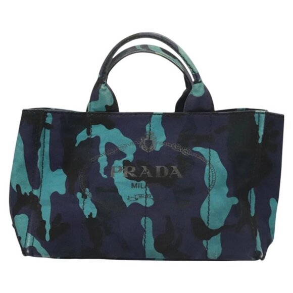 PRADA Canapa MM Hand Bag Canvas Blue Silver Camouflage Auth - Picture 9 of 15